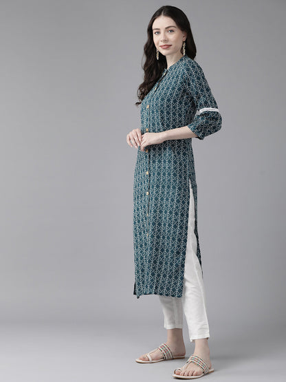 Women's Teal Blue Printed Straight Kurta