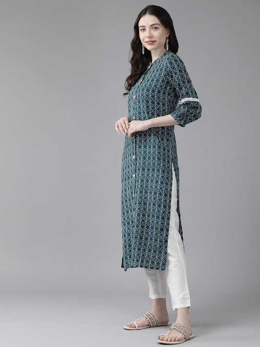 Women's Teal Blue Printed Straight Kurta