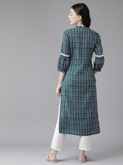 Women's Teal Blue Printed Straight Kurta