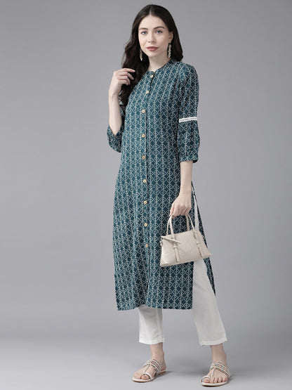 Women's Teal Blue Printed Straight Kurta