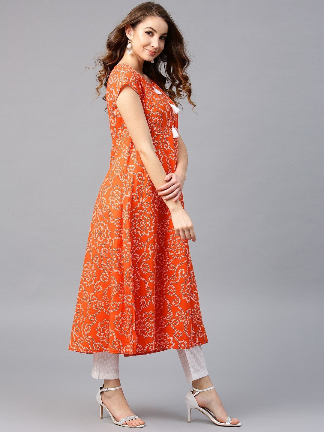 Women's  Orange & White Printed Anarkali Kurta