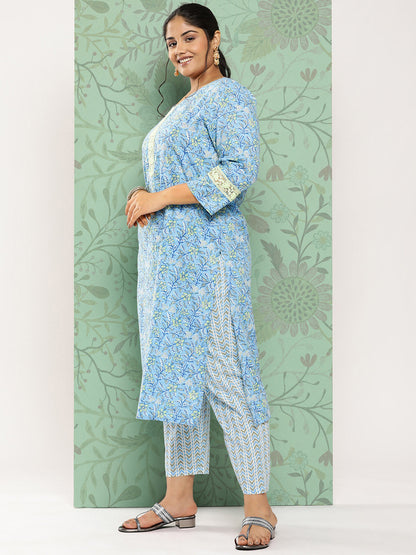 Women's Sky Blue Floral Straight Kurta Trouser And Dupatta Set