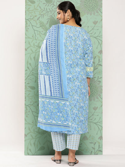 Women's Sky Blue Floral Straight Kurta Trouser And Dupatta Set