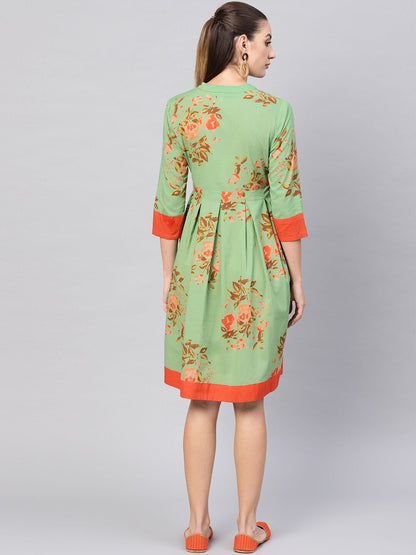 Women's  Green & Orange Floral Printed A-Line Dress