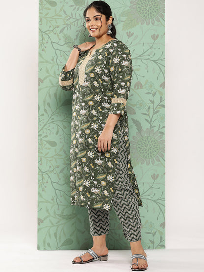 Women's Green Floral Straight Kurta Trouser And Dupatta Set