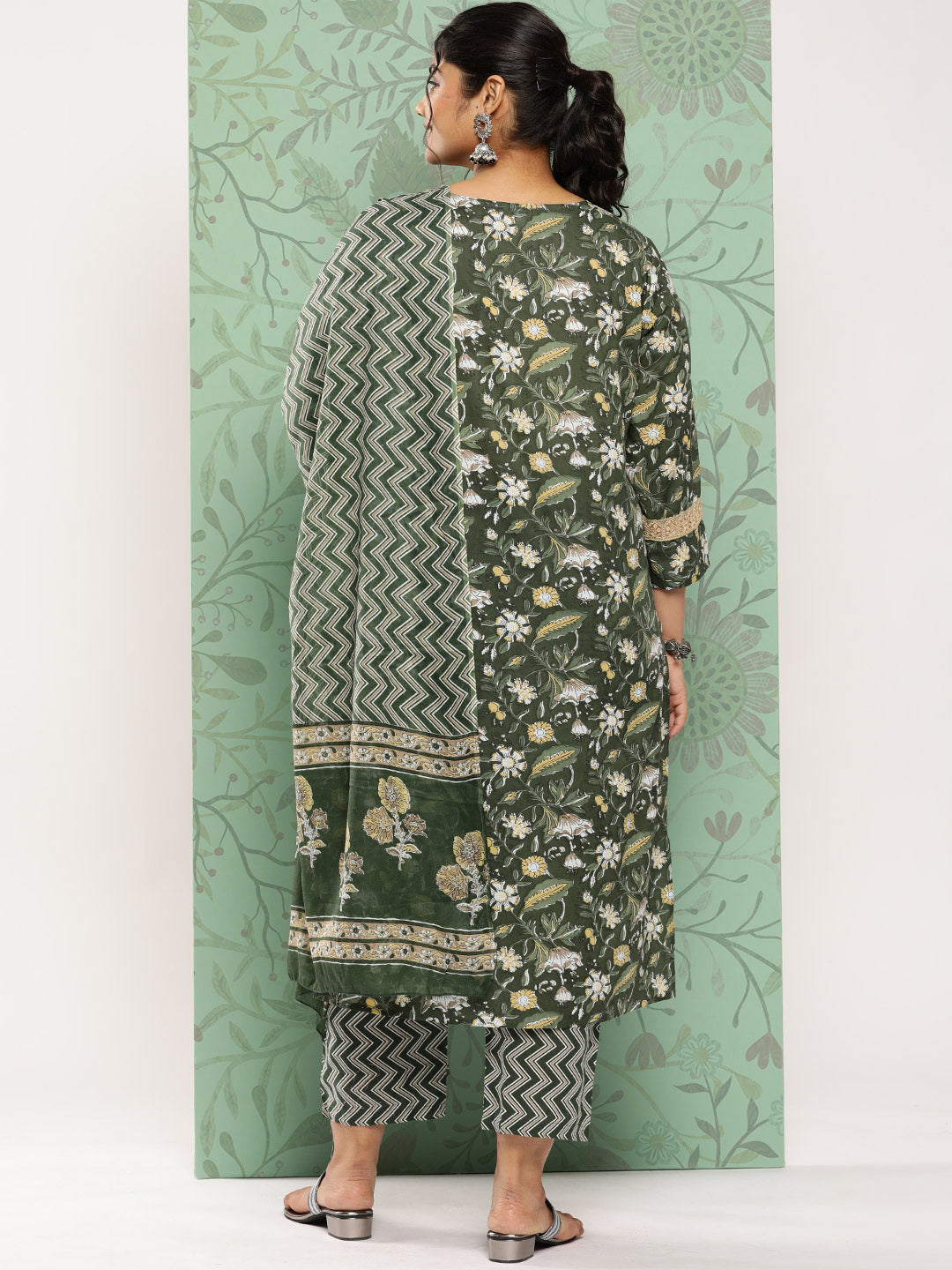 Women's Green Floral Straight Kurta Trouser And Dupatta Set