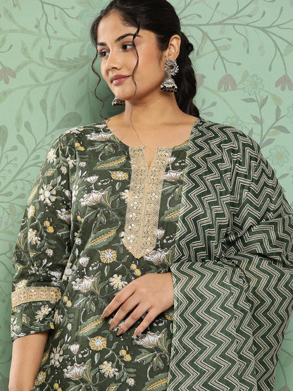 Women's Green Floral Straight Kurta Trouser And Dupatta Set