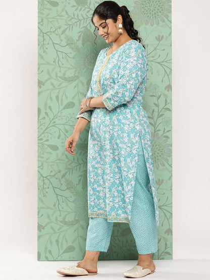 Women's Sky Blue Floral Straight Kurta Trouser And Dupatta Set
