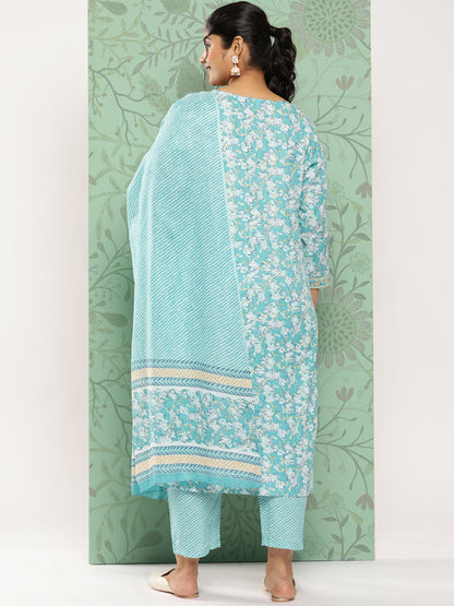 Women's Sky Blue Floral Straight Kurta Trouser And Dupatta Set