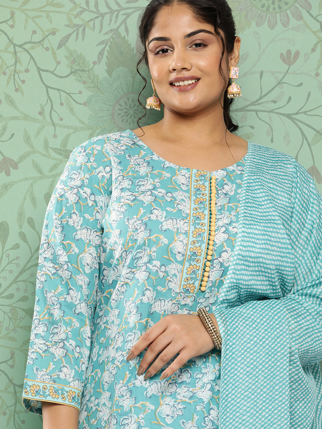 Women's Sky Blue Floral Straight Kurta Trouser And Dupatta Set
