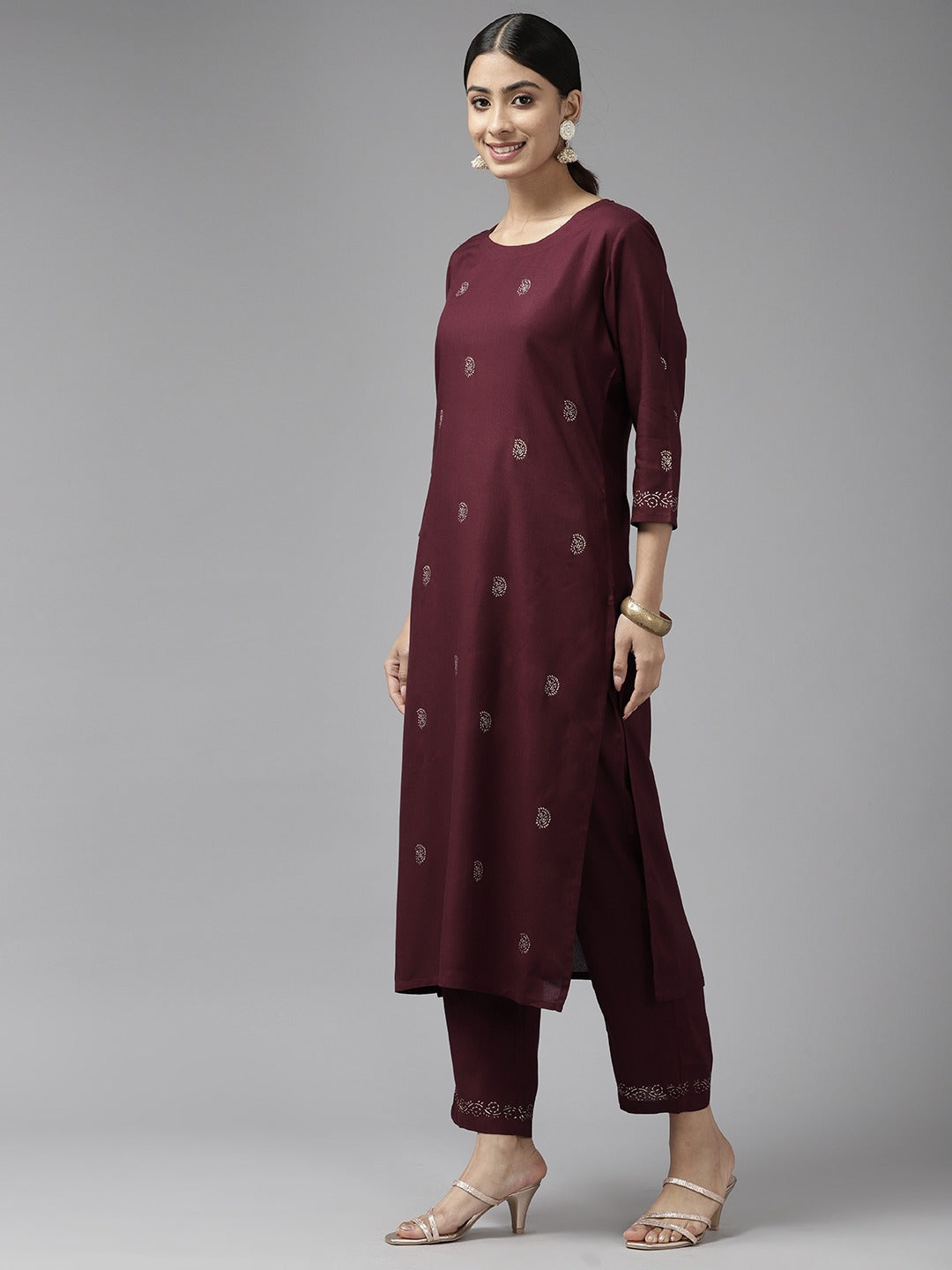 Women's Burgundy Rogan Print Straight Kurta Trouser Set