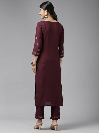 Women's Burgundy Rogan Print Straight Kurta Trouser Set