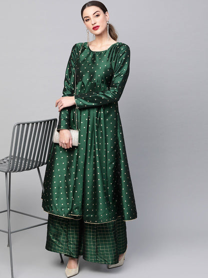 Women's  Green & Golden Woven Design Anarkali Kurta