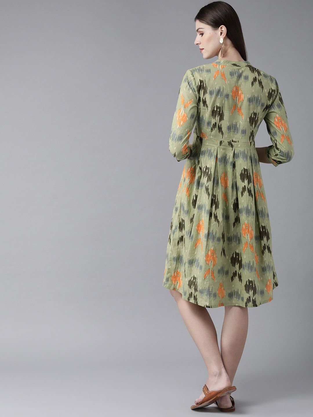 Women's  Green & Orange Printed A-Line Dress