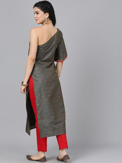 Women's  Olive Brown & Red Woven Design One Shoulder Straight Kurta