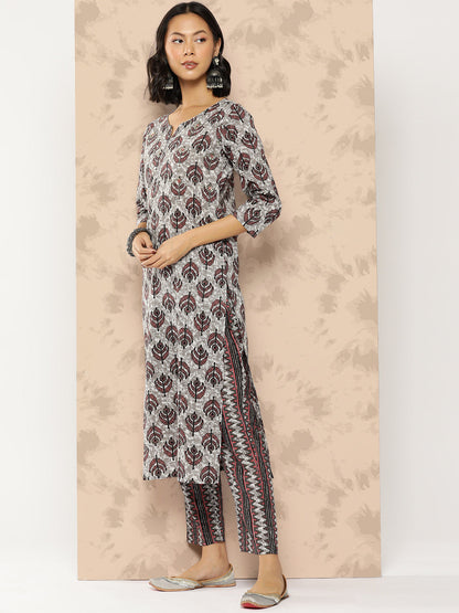 Women's Grey Floral Straight Kurta Trouser And Dupatta Set