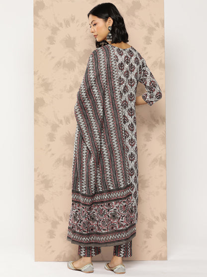 Women's Grey Floral Straight Kurta Trouser And Dupatta Set