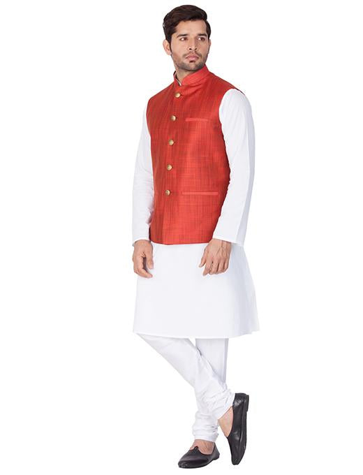 Men's White Cotton Blend Kurta, Ethnic Jacket and Pyjama Set