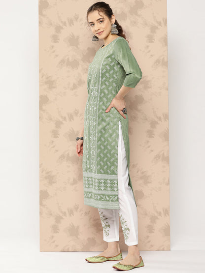 Women's Green Floral Straight Kurta Trouser And Dupatta Set