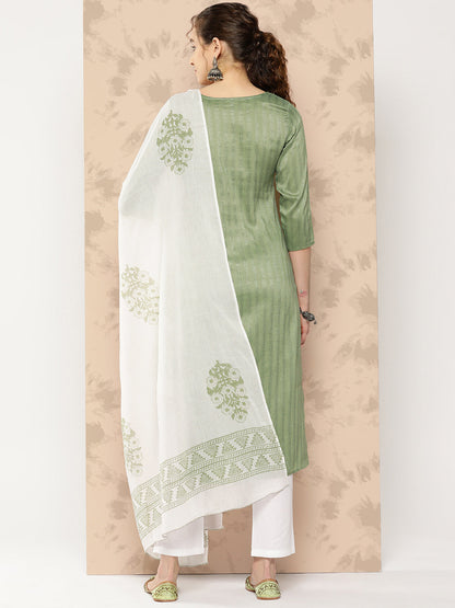 Women's Green Floral Straight Kurta Trouser And Dupatta Set