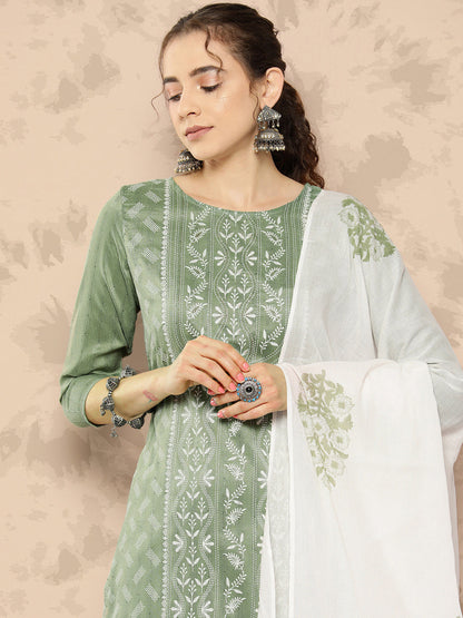 Women's Green Floral Straight Kurta Trouser And Dupatta Set