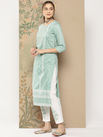 Women's Teal Green Floral Straight Kurta Trouser And Dupatta Set