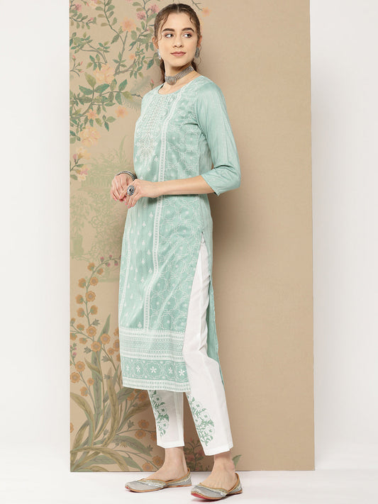 Women's Teal Green Floral Straight Kurta Trouser And Dupatta Set