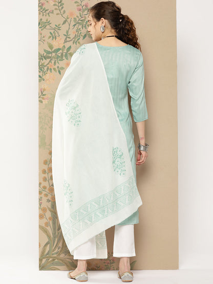 Women's Teal Green Floral Straight Kurta Trouser And Dupatta Set