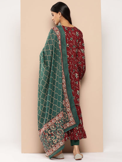 Women's Maoon Floral Fit And Flare Kurta Trouser And Dupatta Set