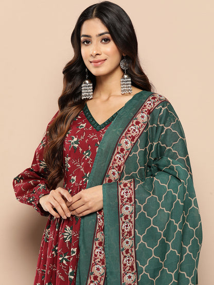 Women's Maoon Floral Fit And Flare Kurta Trouser And Dupatta Set