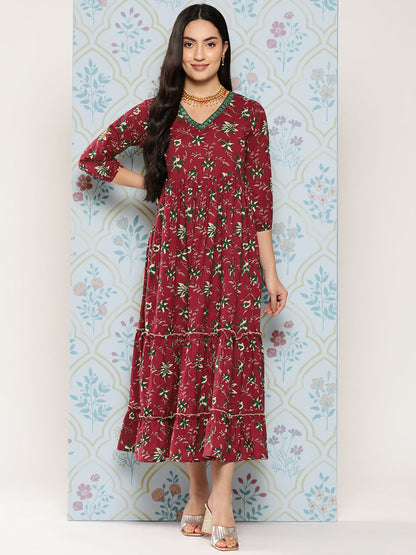 Women's Maroon Floral Fit And Flare Dress