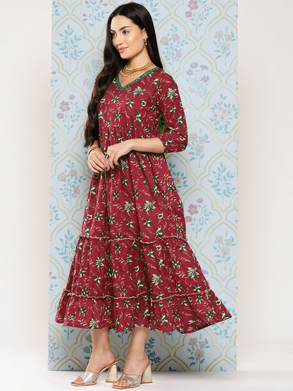 Women's Maroon Floral Fit And Flare Dress