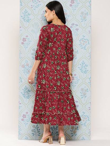 Women's Maroon Floral Fit And Flare Dress