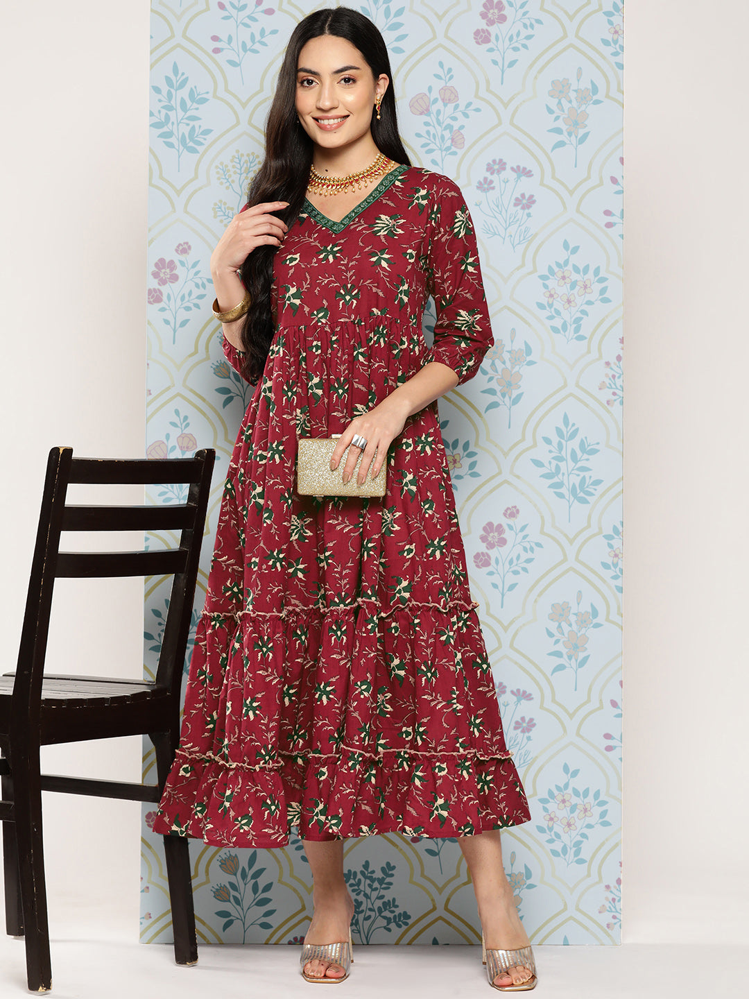 Women's Maroon Floral Fit And Flare Dress