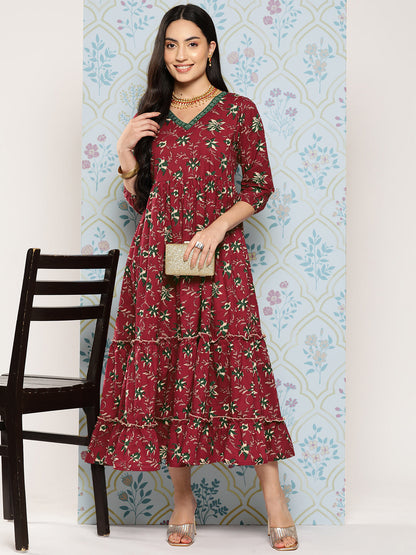 Women's Maroon Floral Fit And Flare Dress