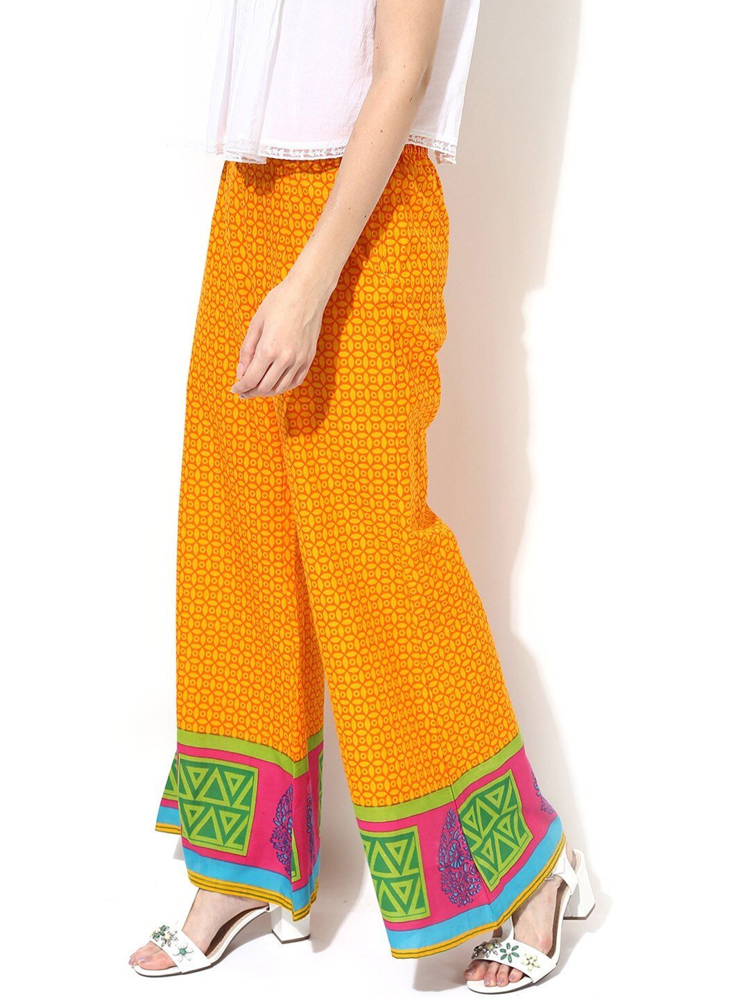 Women's  Mustard Yellow Printed Flared Palazzos