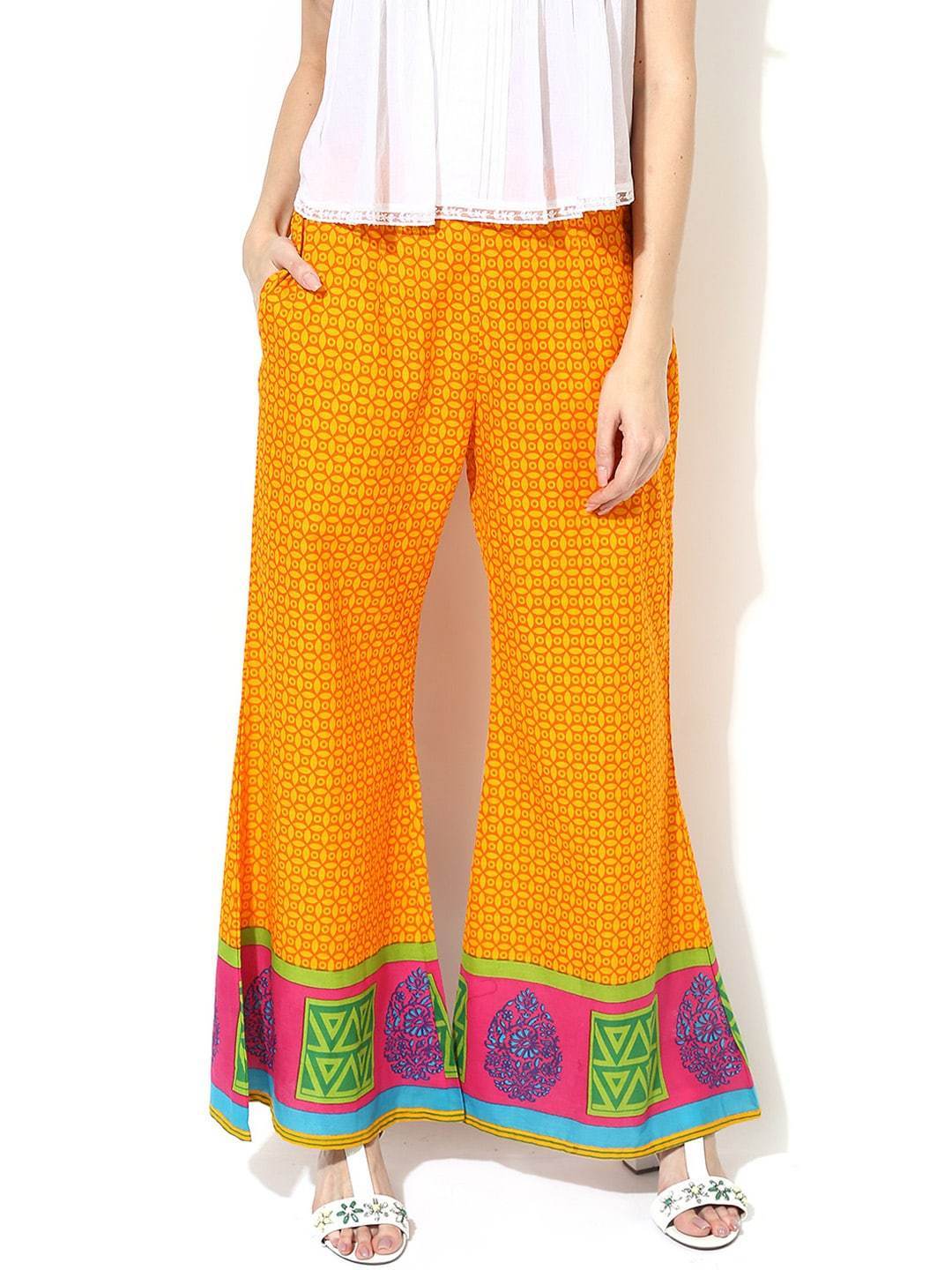Women's  Mustard Yellow Printed Flared Palazzos