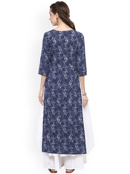Women's  Blue & White Printed Layered Anarkali Kurta