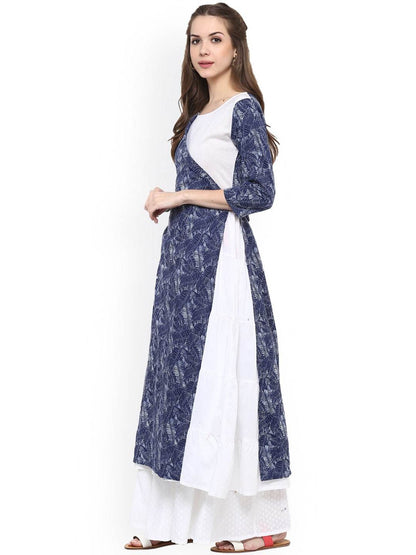 Women's  Blue & White Printed Layered Anarkali Kurta