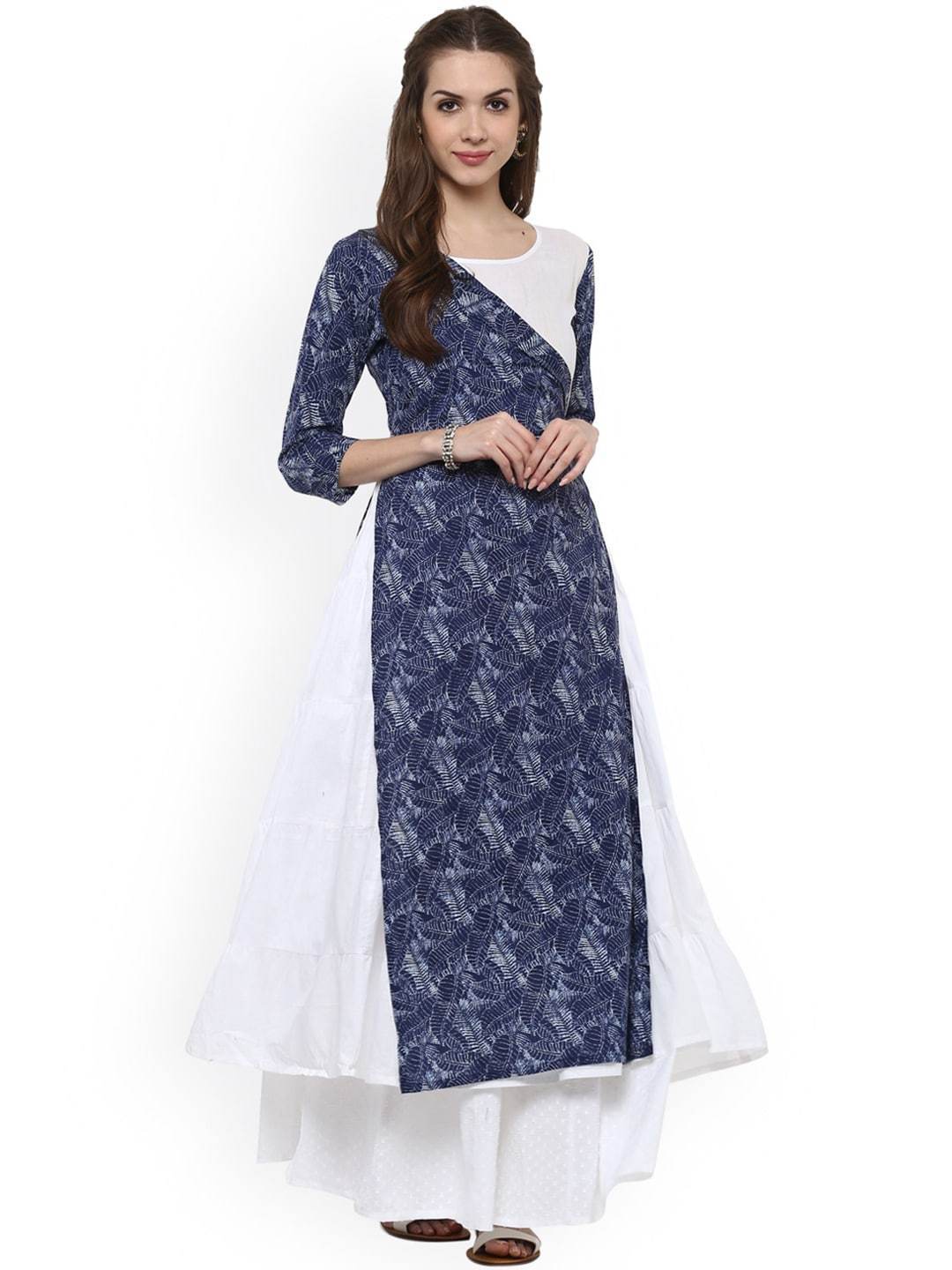 Women's  Blue & White Printed Layered Anarkali Kurta