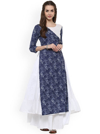 Women's  Blue & White Printed Layered Anarkali Kurta