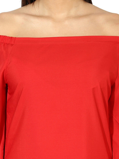 Women's  Red Solid Crepe Off-Shoulder Straight Kurta