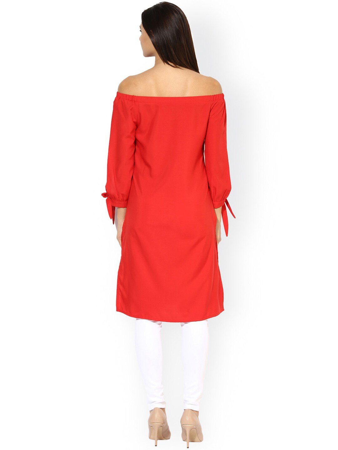 Women's  Red Solid Crepe Off-Shoulder Straight Kurta