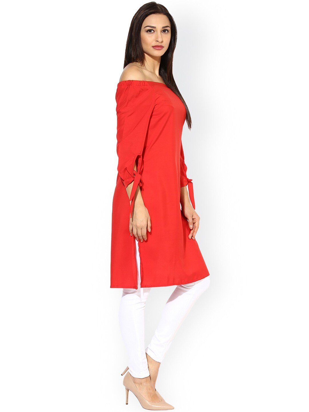 Women's  Red Solid Crepe Off-Shoulder Straight Kurta