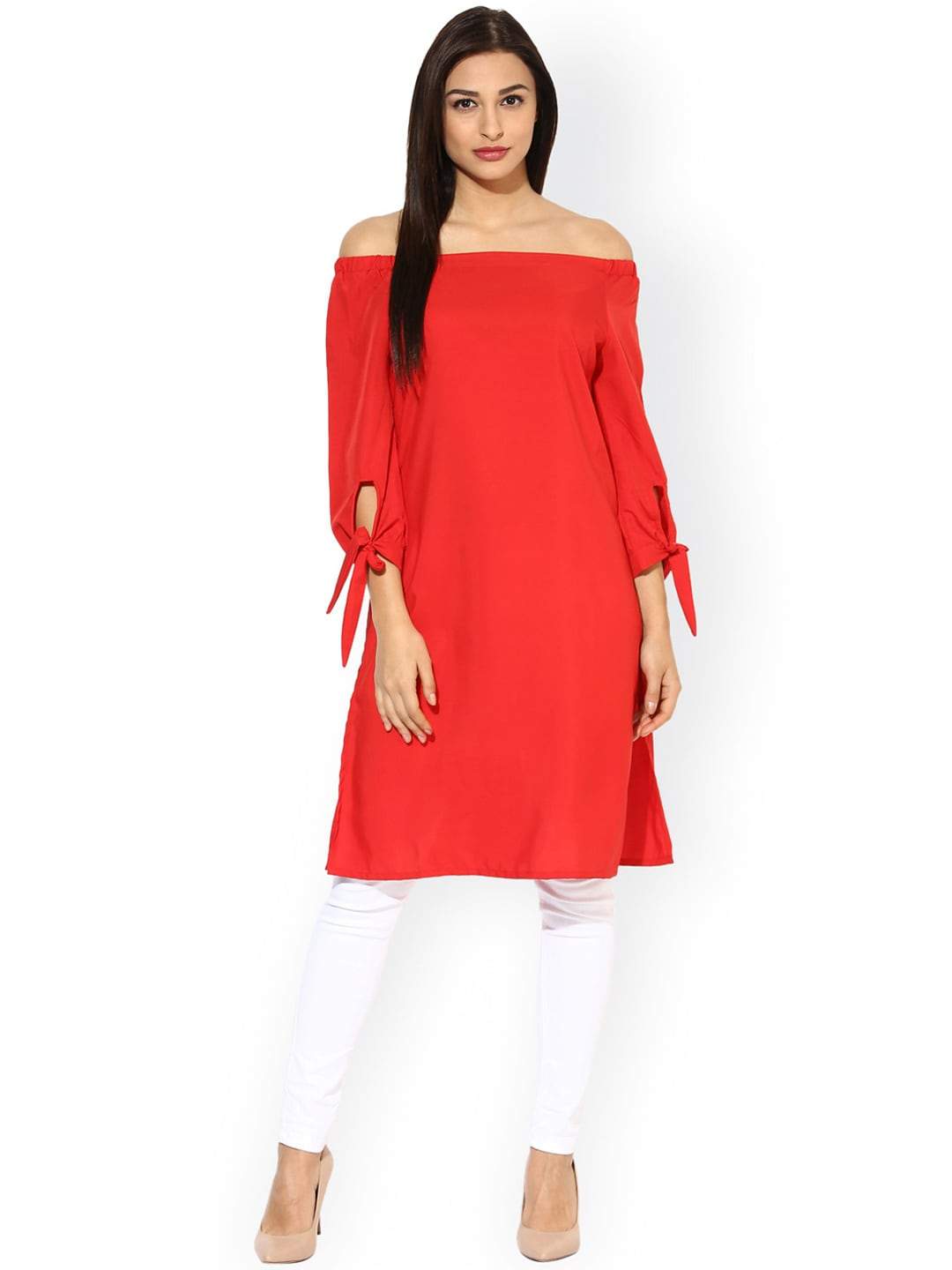 Women's  Red Solid Crepe Off-Shoulder Straight Kurta