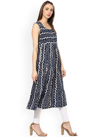 Women's  Navy & White Printed Anarkali Kurta