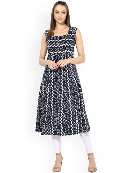 Women's  Navy & White Printed Anarkali Kurta