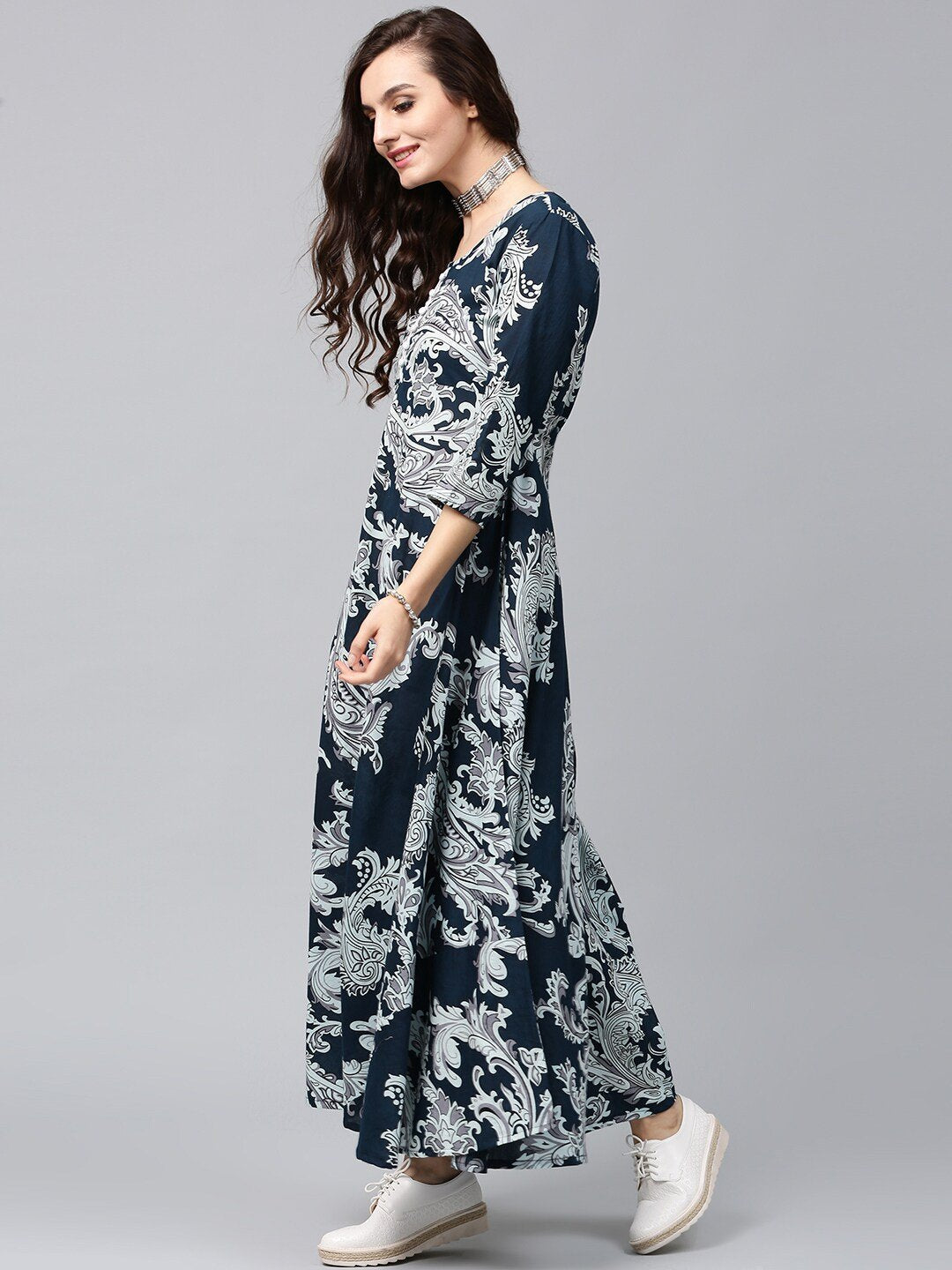 Women's  Navy & Off-White Lightweight Printed Maxi Dress