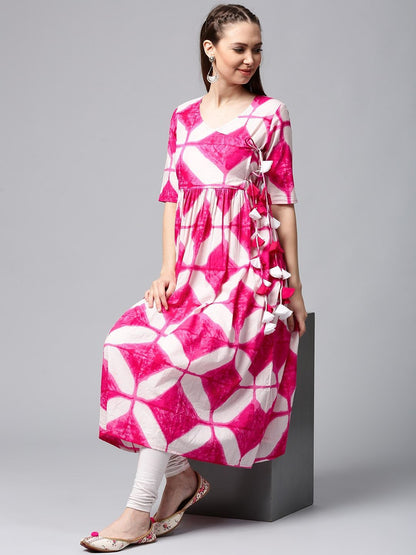 Women's  White & Pink Printed Anarkali Kurta