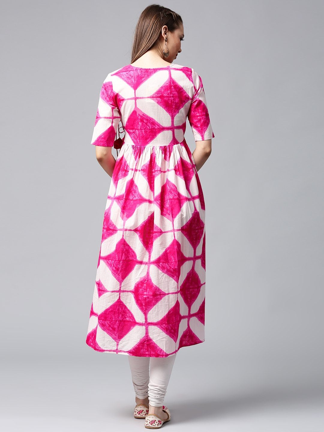 Women's  White & Pink Printed Anarkali Kurta